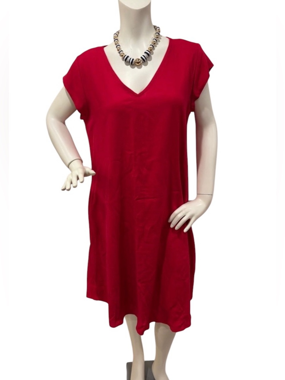 Karen Kane V-Neck Linen Blend Red Shift Dress w/ Back Pleat, size large